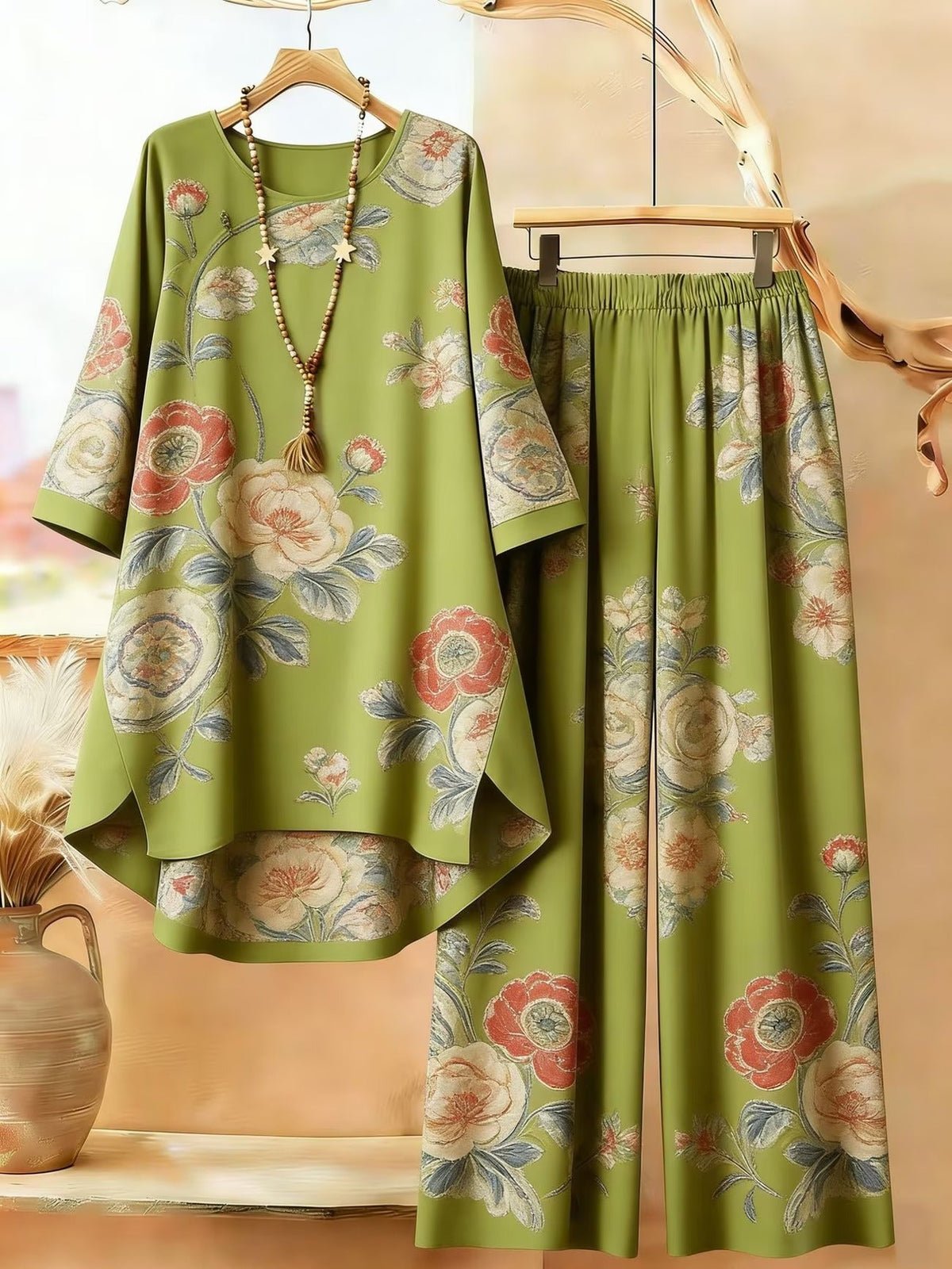 Featuring Persian Floral Print Design, Crew Neck, Dipped Hem, Suitable for Everyday Casual Wear, Comfortable and Stylish