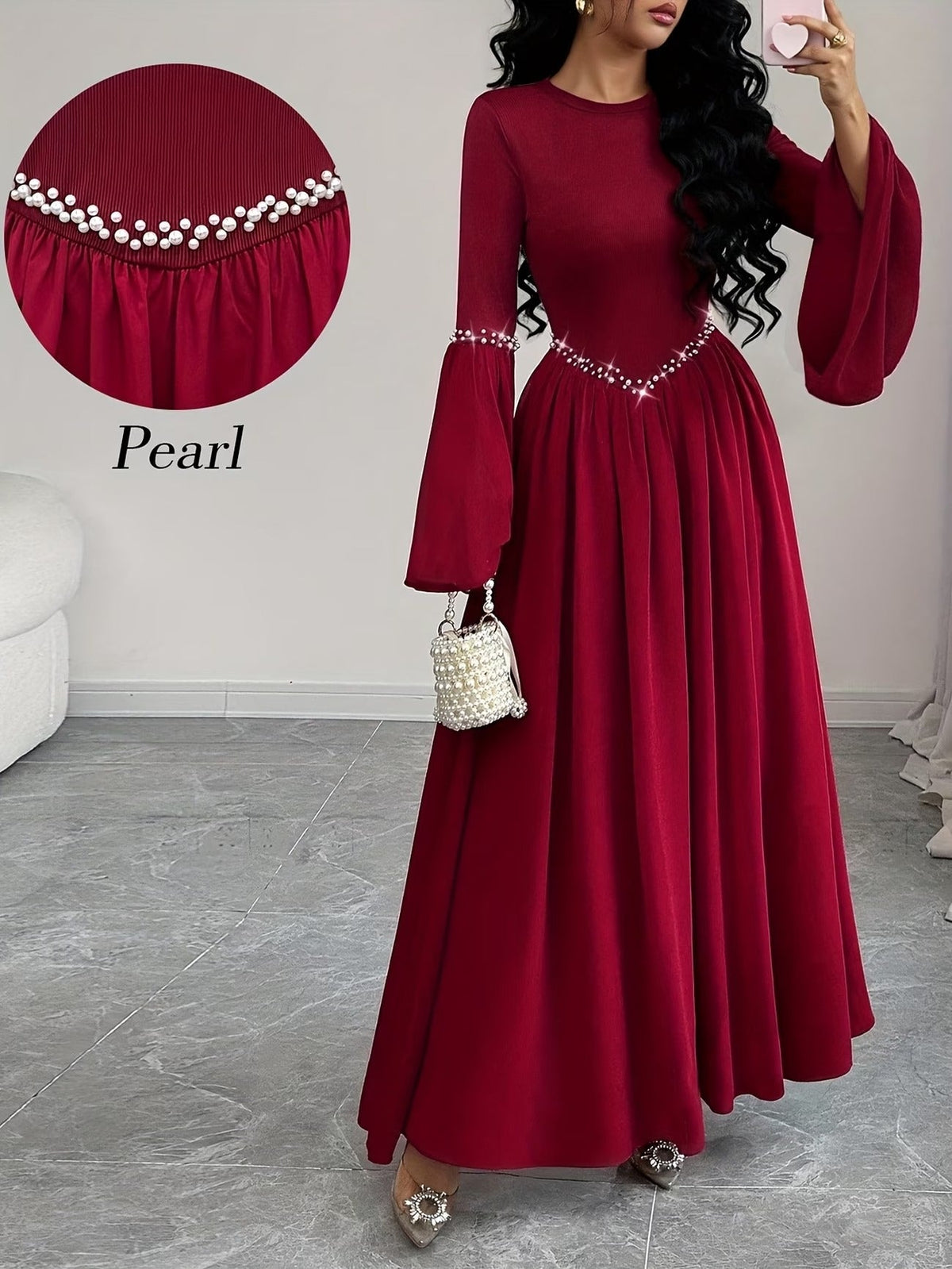 Elegant Pearled A-Line Long Sleeve Dress for Women