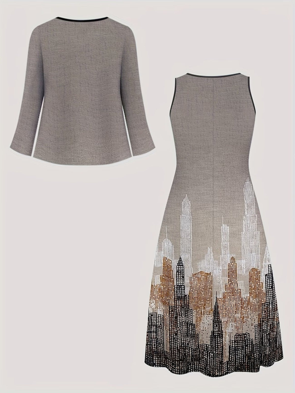 Elegant Layered Two-Piece Midi Dress Set with Tie-Front Cardigan – Flowy Printed Everyday & Occasion Wear