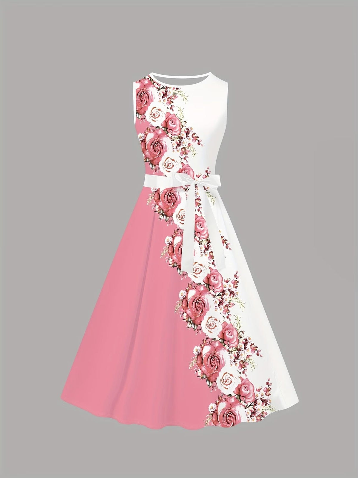 Women’s Pink & White Floral Dress with Short Jacket & Belt – Elegant 2 Piece Set