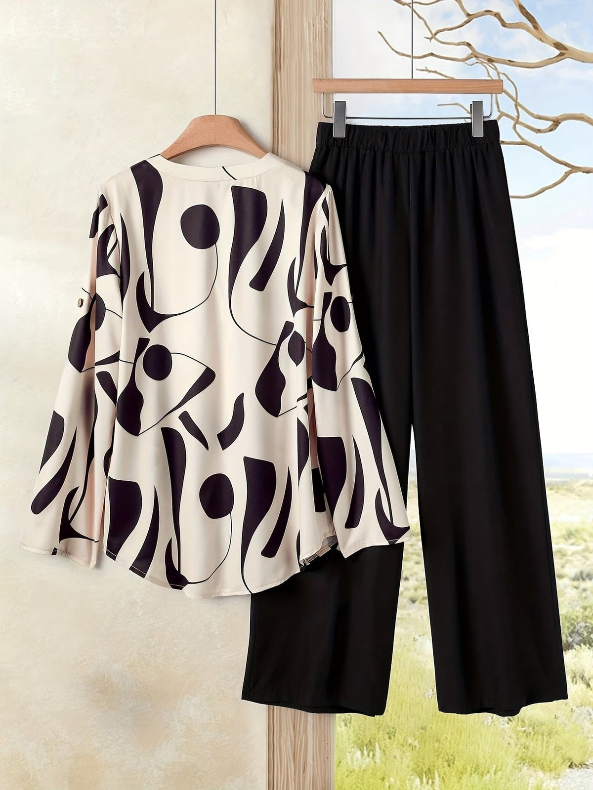 Women’s Floral Long-Sleeve Shirt with Printed Pants – Stylish Two-Piece Everyday Outfit (With Tie & Button Details)