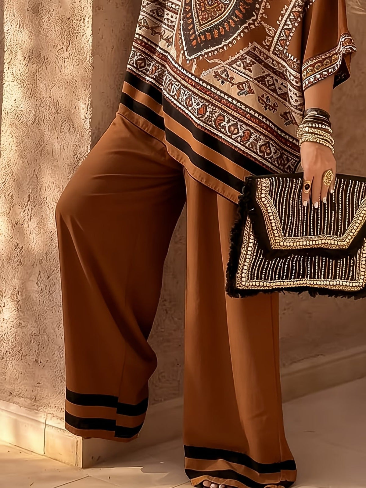 Stylish Oversized Printed Co-Ord Set – Relaxed Shirt & Wide-Leg Pants with Striped Hem for Women
