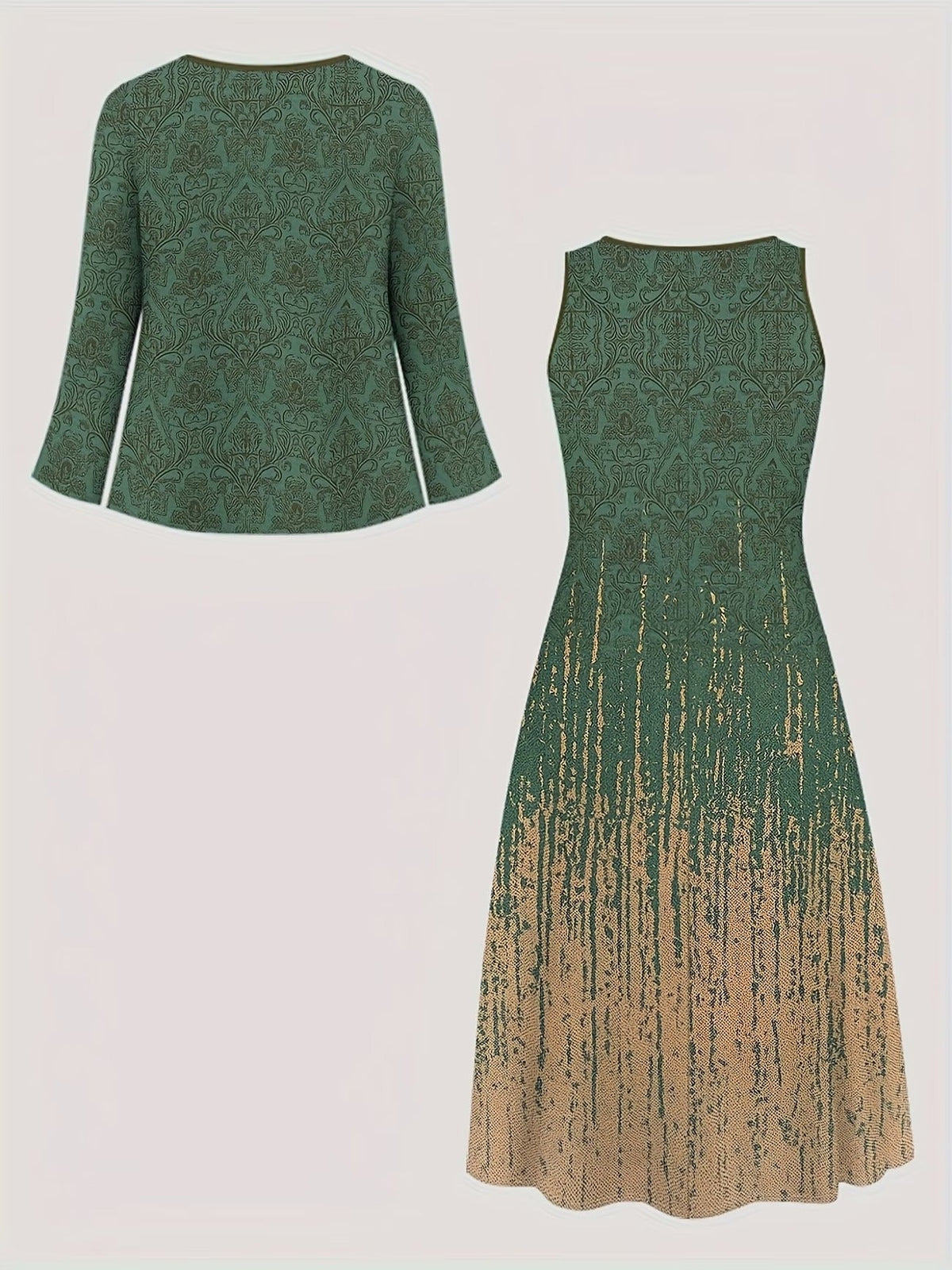 Elegant Layered Two-Piece Midi Dress Set with Tie-Front Cardigan – Flowy Printed Everyday & Occasion Wear