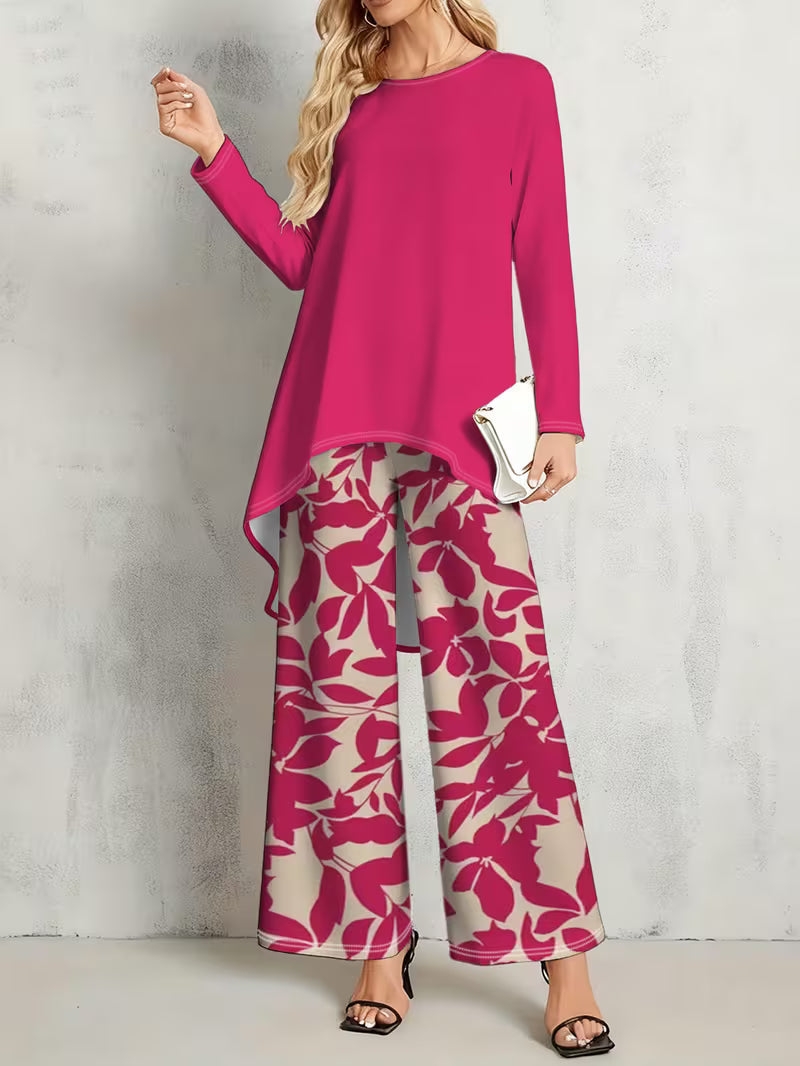 Women’s Long-Sleeve Floral Suit – Light Red Flowers on Gray, Casual & Vacation Wear