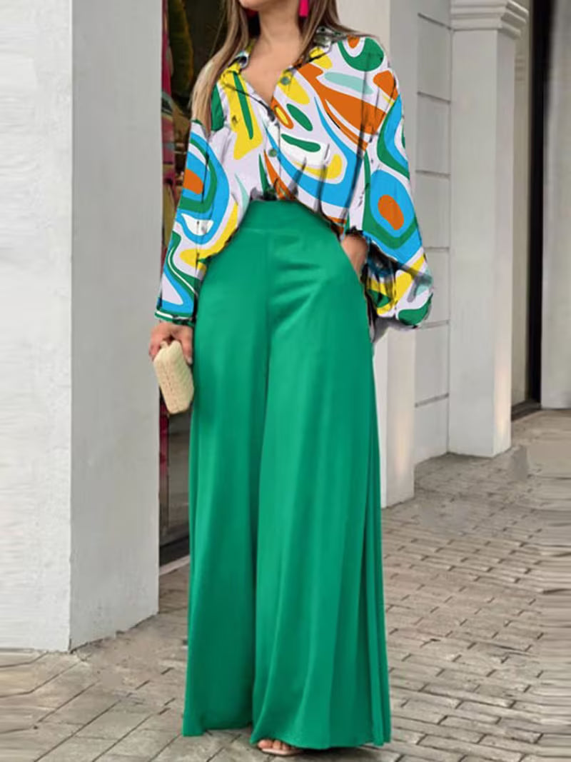 Women’s Printed Shirt & Wide-Leg Trousers Set – Casual Fashion Outfit