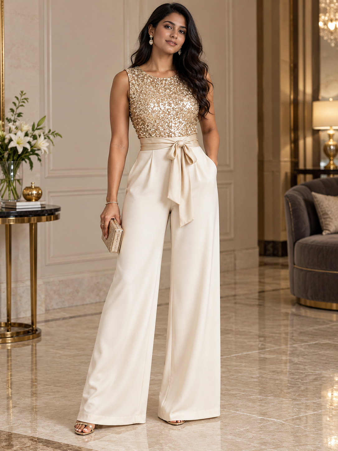 Sleeveless Sparkle Top with High-Waist Bow Wide-Leg Pants