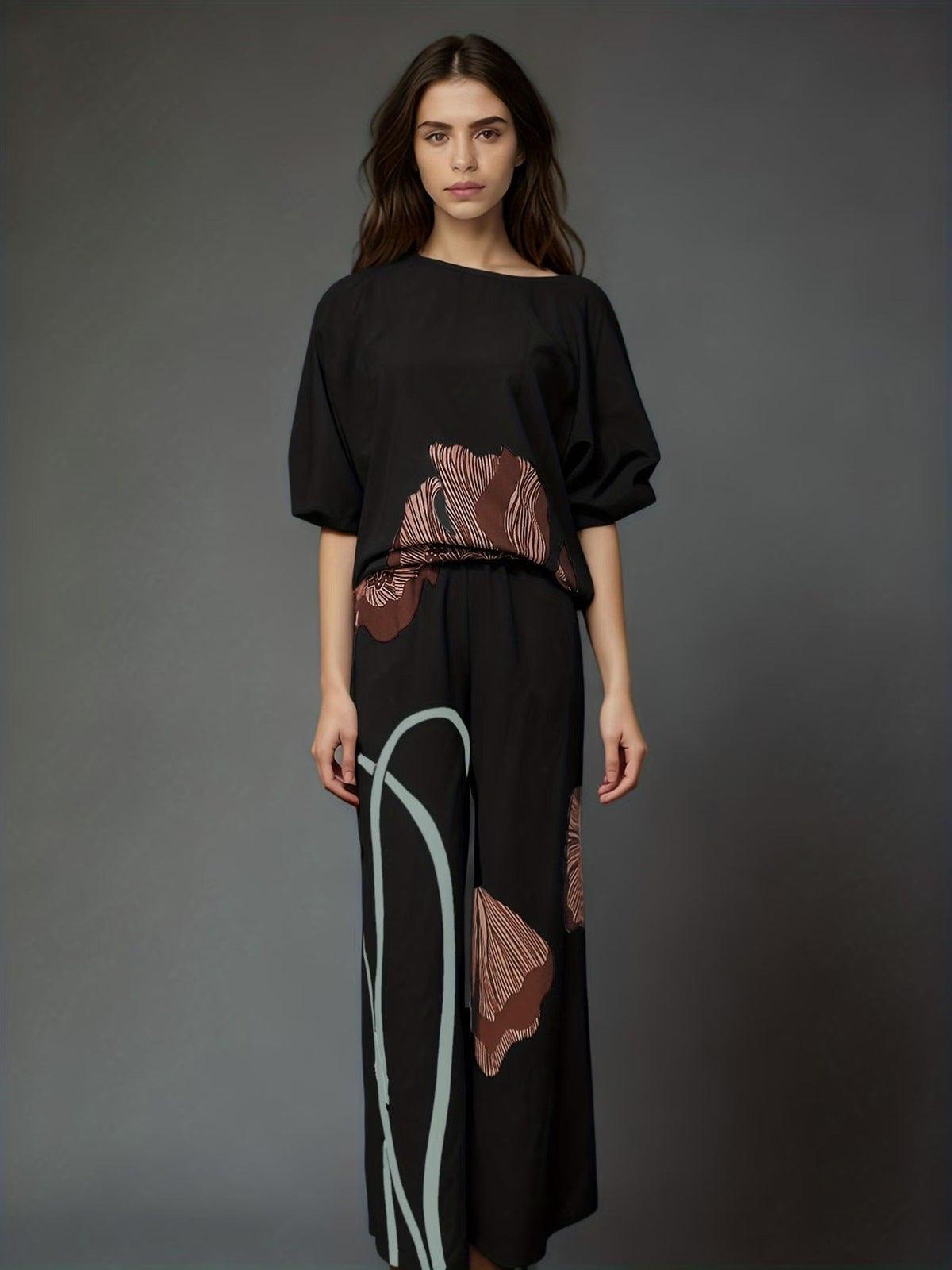Elegant Floral Print Women’s Co-Ord Set – Comfortable Short Sleeve Top & Flowy Elastic Waist Pants