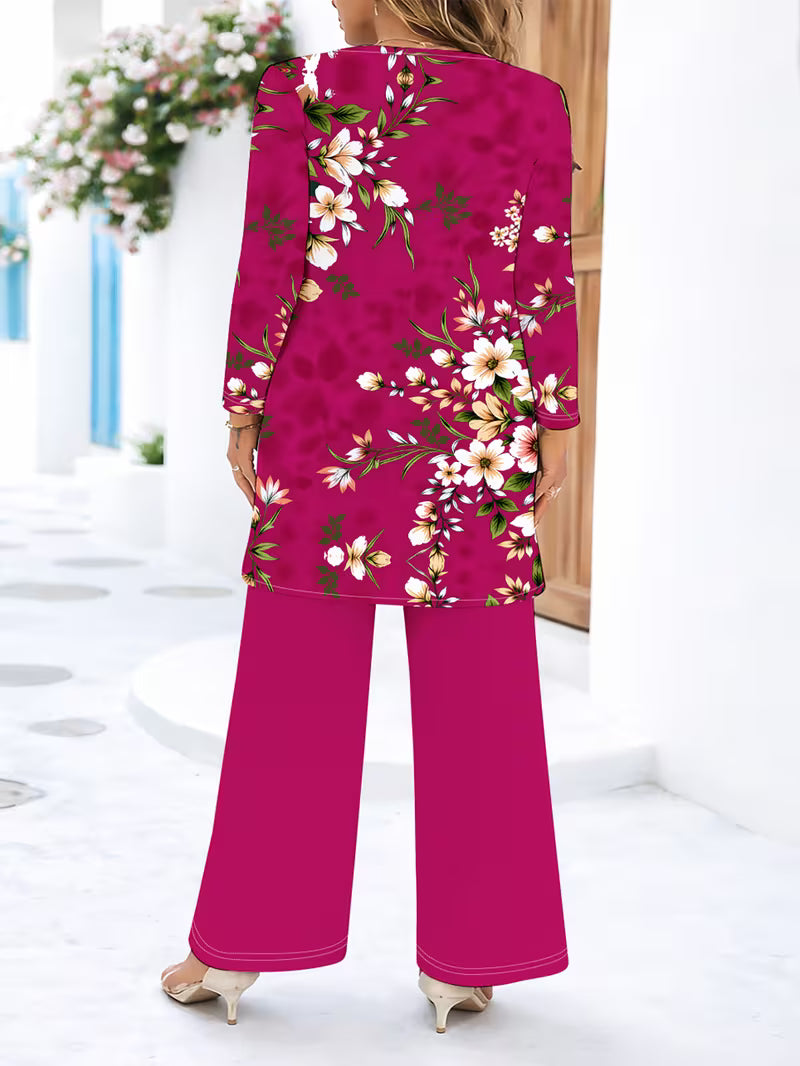 Women’s Long-Sleeve Floral Suit – Light Red Flowers on Gray, Casual & Vacation Wear