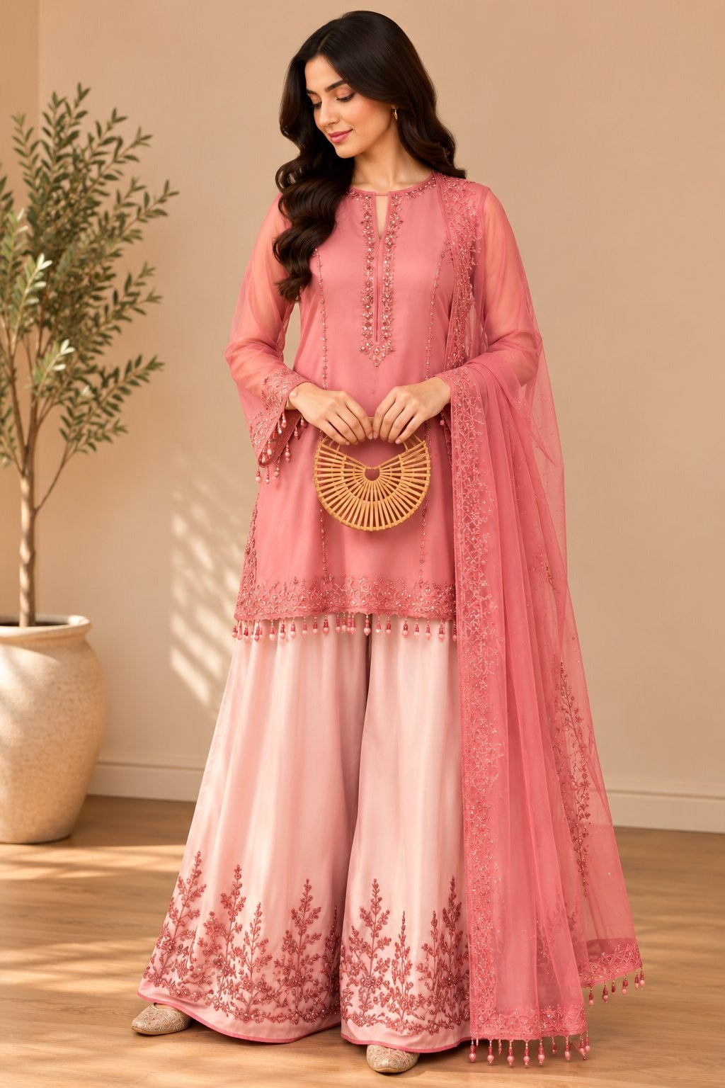 Women’s Embroidered Kurta with Flared Sharara & Dupatta Set