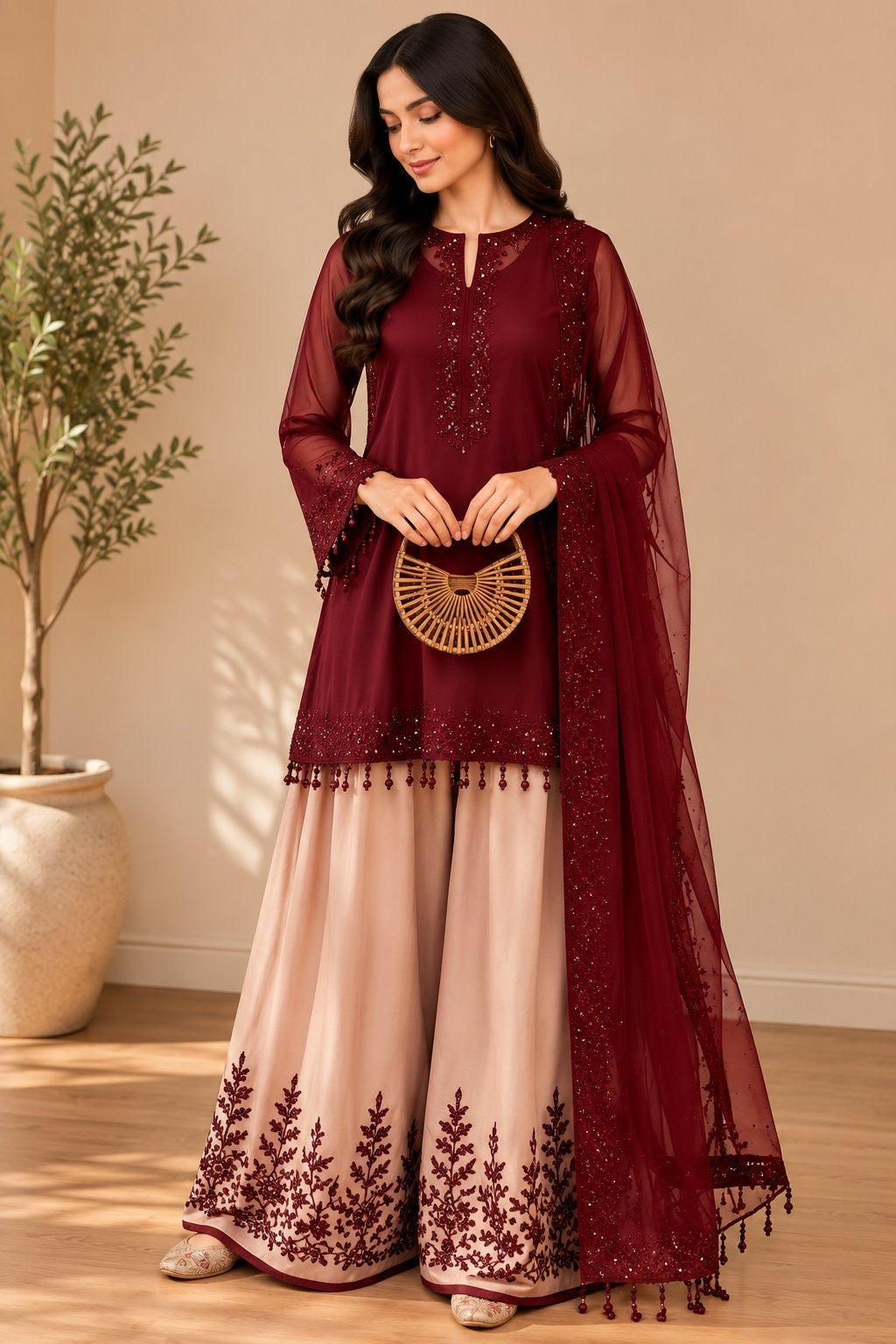 Women’s Embroidered Kurta with Flared Sharara & Dupatta Set