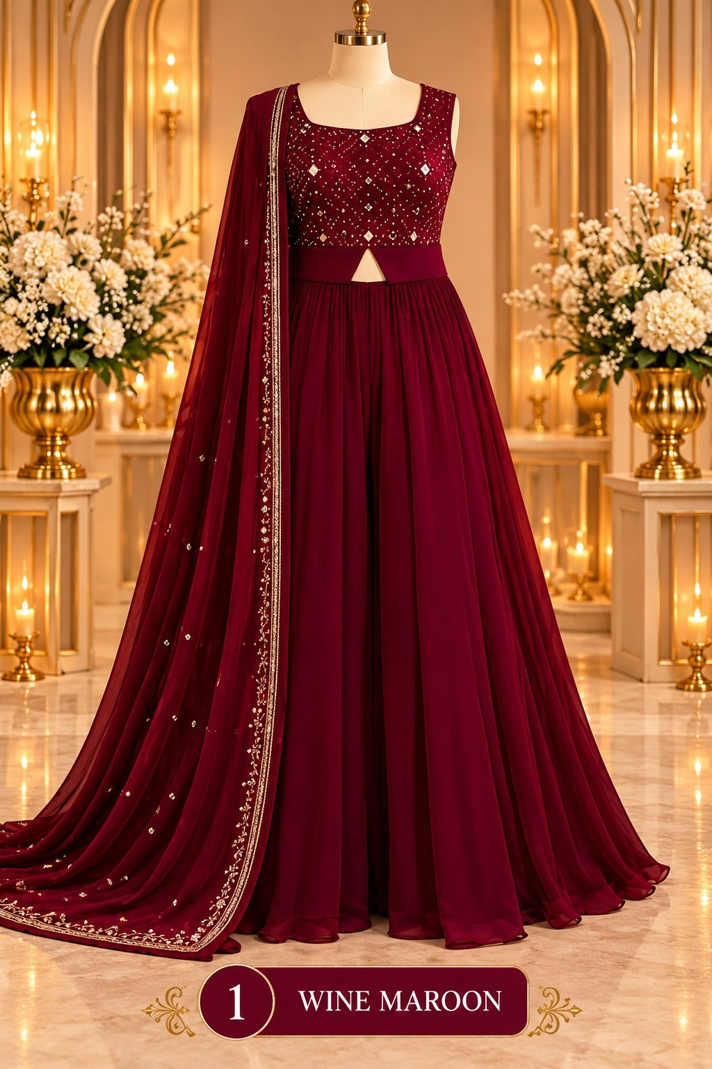 Women’s Embroidered Flared Gown with Dupatta