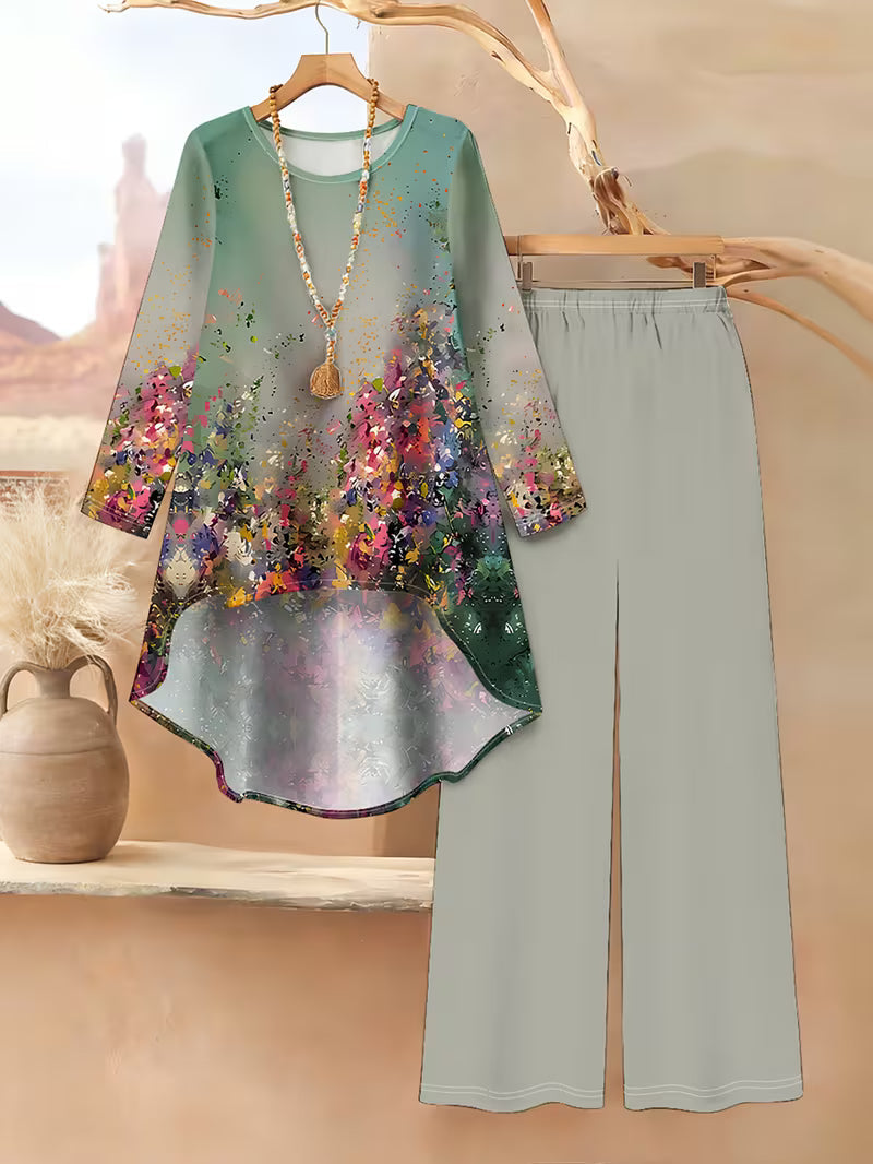 Women’s Long-Sleeve Floral Suit – Light Red Flowers on Gray, Casual & Vacation Wear