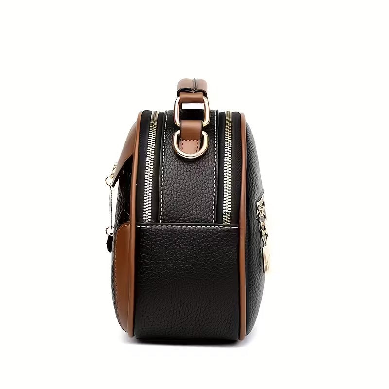 Blue Plaid Round Crossbody Bag for Women | Korean Style Faux Leather Shoulder Purse