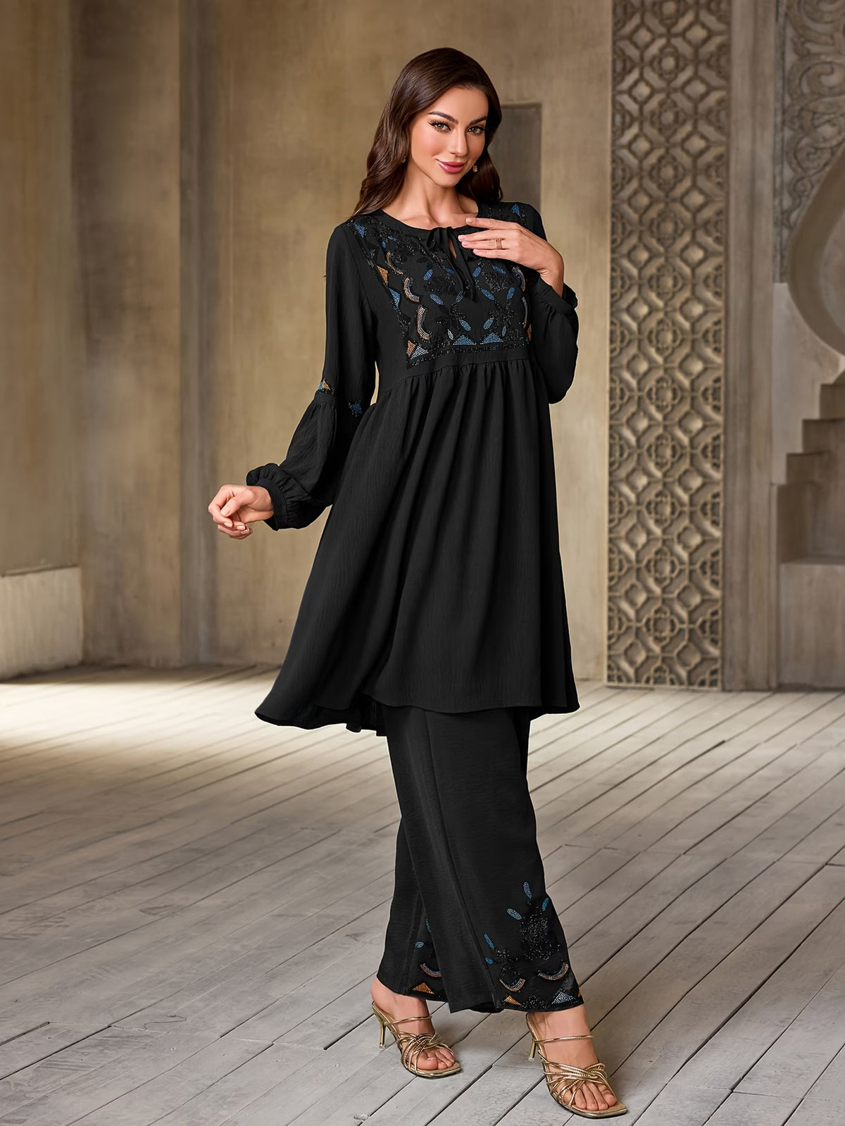 Women's Elegant Rhinestone Detail Long Sleeve Top & Wide-Leg Pants Set