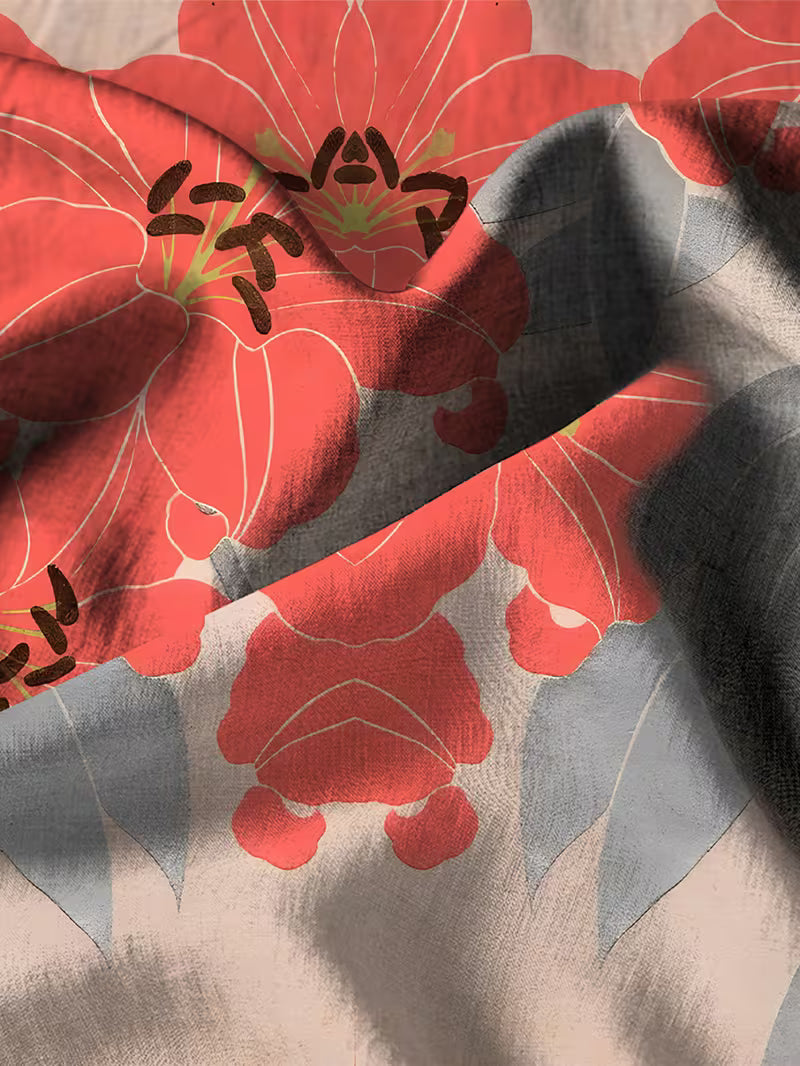 Women’s Long-Sleeve Floral Suit – Light Red Flowers on Gray, Casual & Vacation Wear
