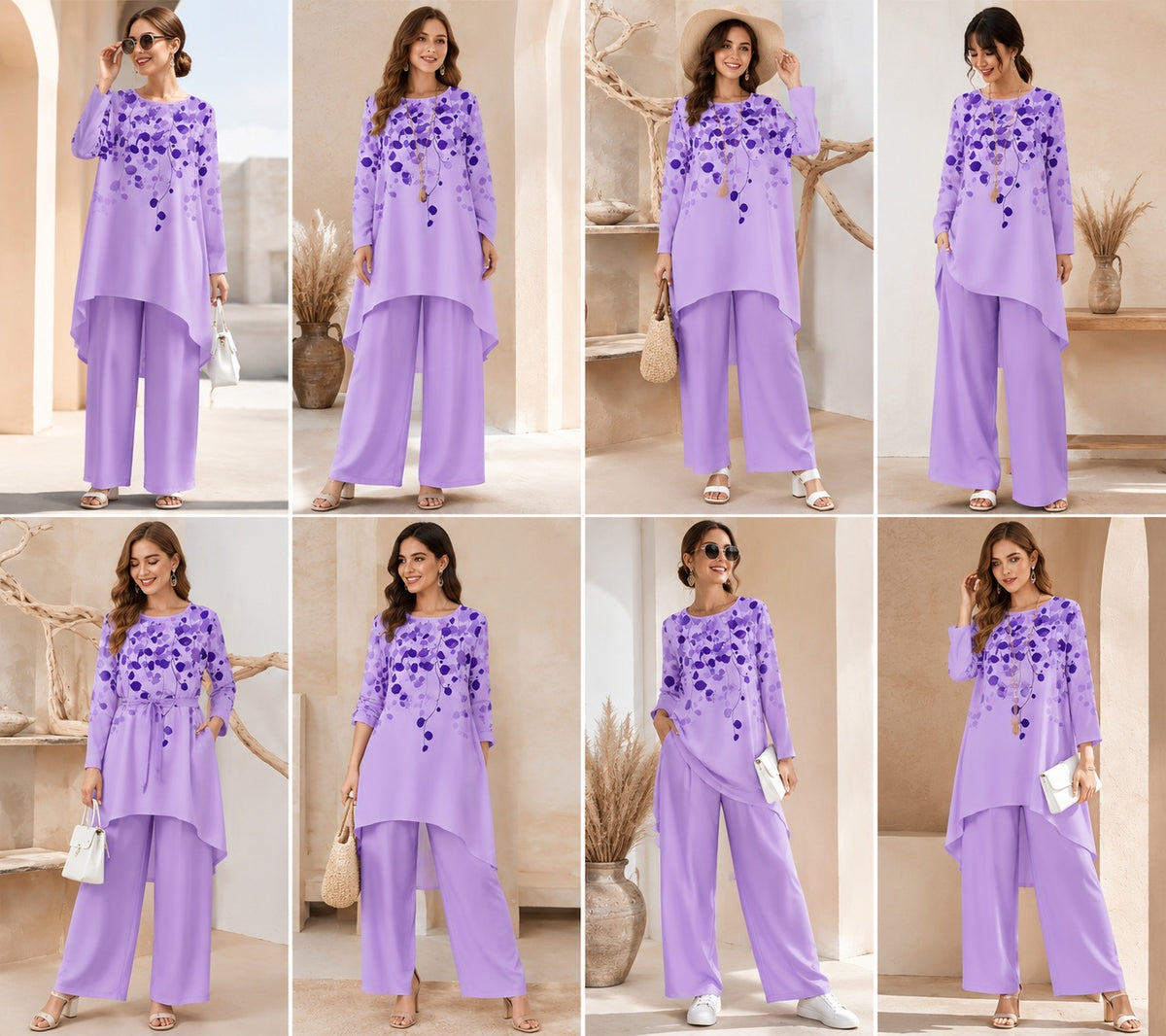 Women's Plus Size Leaf Print Top & Wide-Leg Pants Set