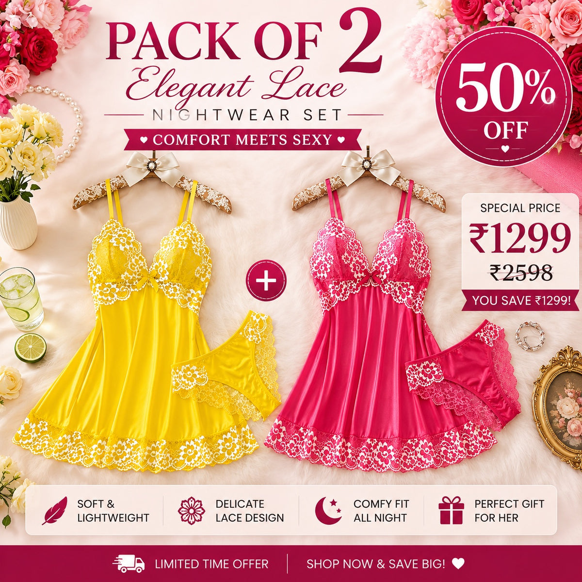 Pack of 2 Premium Lace Babydoll Nightwear Set | 50% OFF | Only ₹1299