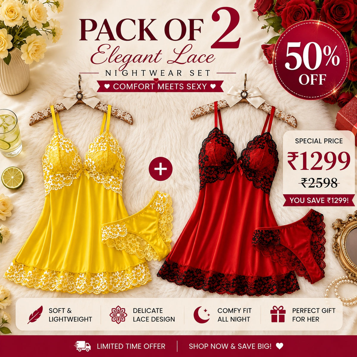 Pack of 2 Premium Lace Babydoll Nightwear Set | 50% OFF | Only ₹1299