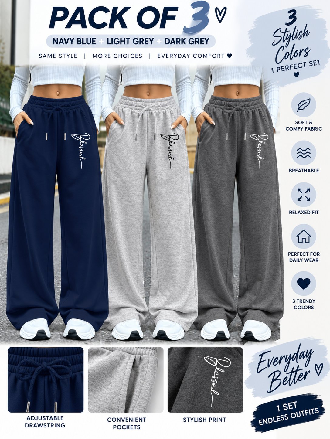 Women’s Loose Fit Wide Leg Pants – Set of 3