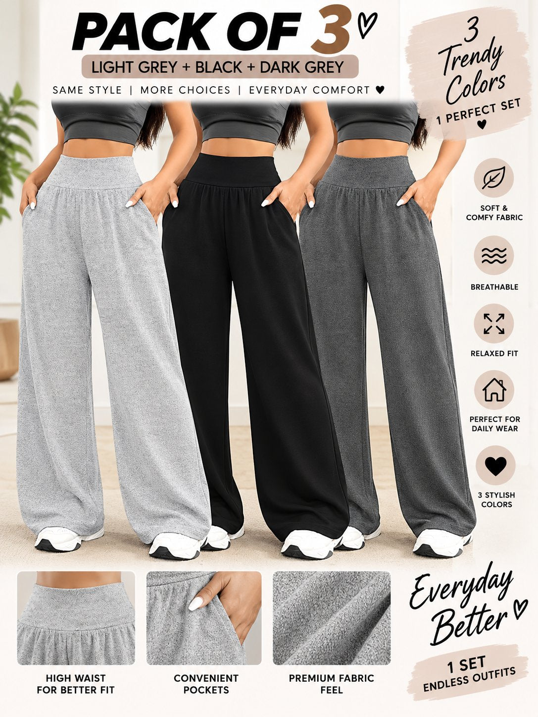 Women’s Loose Fit Wide Leg Pants – Set of 3