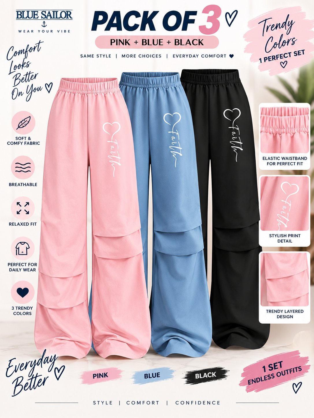 Women’s Loose Fit Wide Leg Pants – Set of 3
