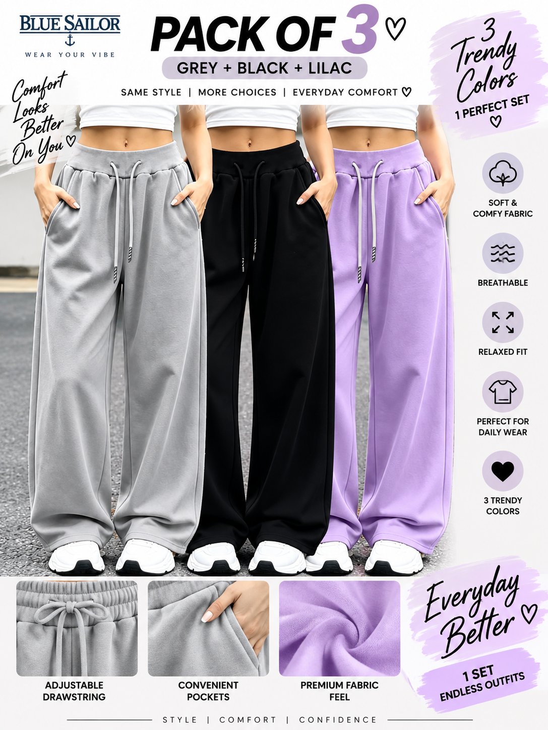 Women’s Loose Fit Wide Leg Pants – Set of 3