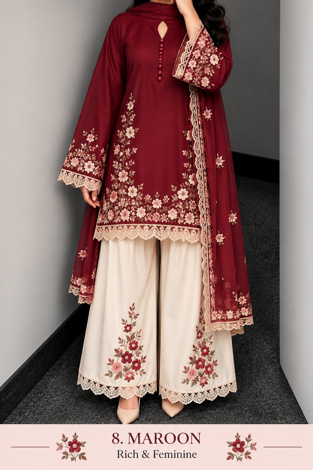 Floral Lace Work Kurta, Palazzo & Dupatta