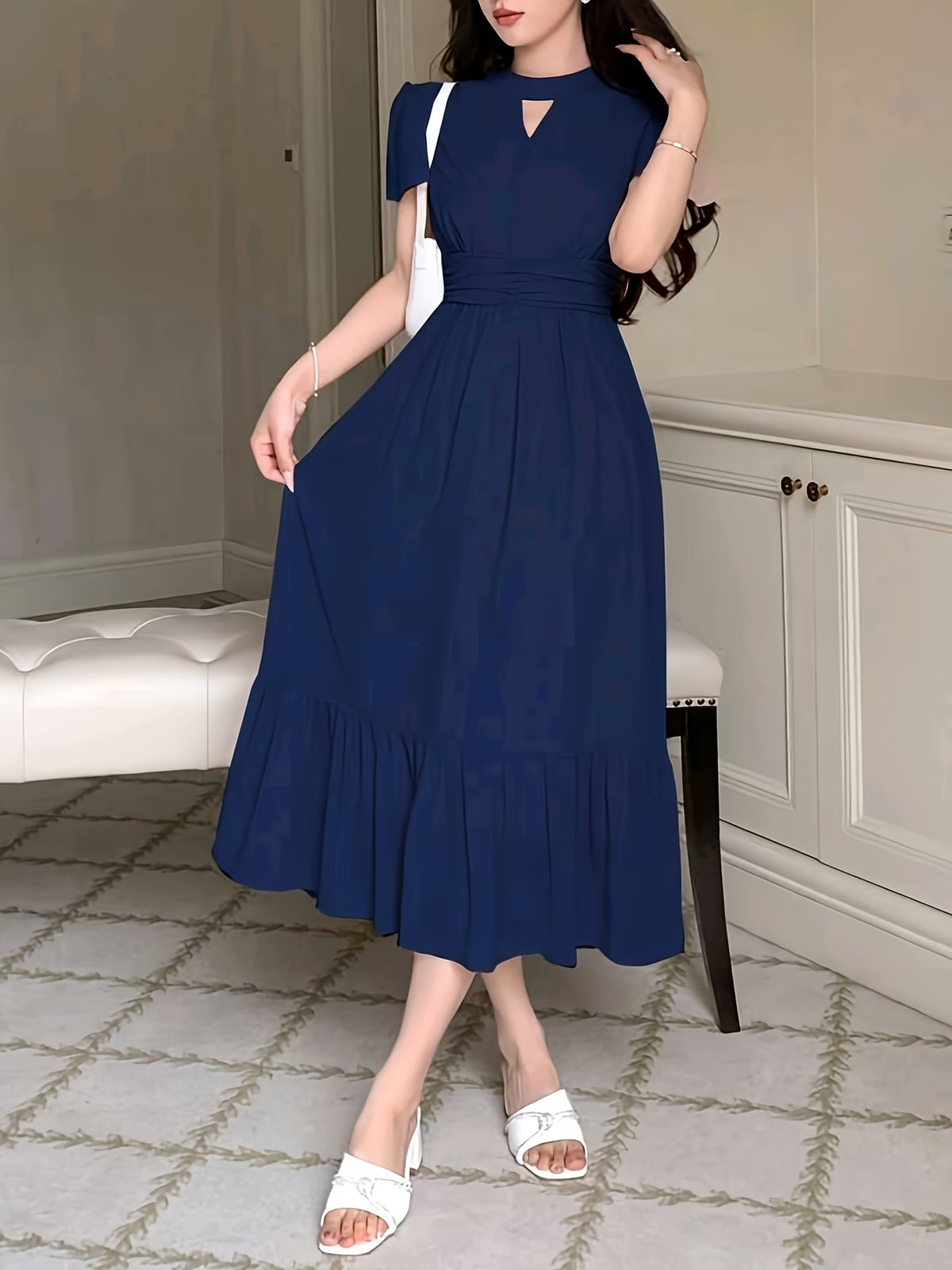 Women's Elegant Pleated Waist Ruffle Hem Maxi Dress