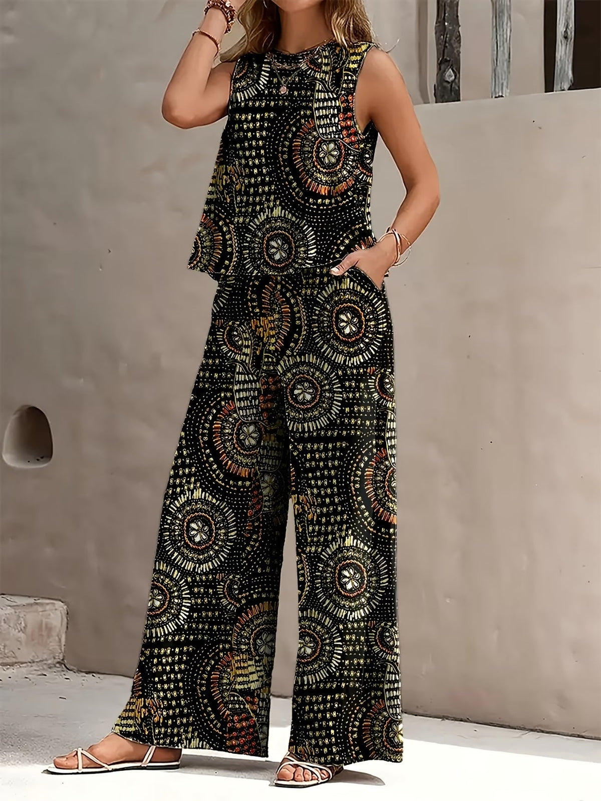 Chic Polka Dot Two-Piece Set – Stylish Top & Printed Pants Outfit for Women