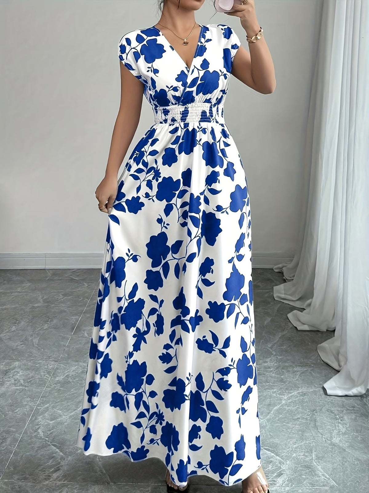Elegant Floral Maxi Dress – V-Neck A-Line Flowing Dress with Cinched Waist for Women