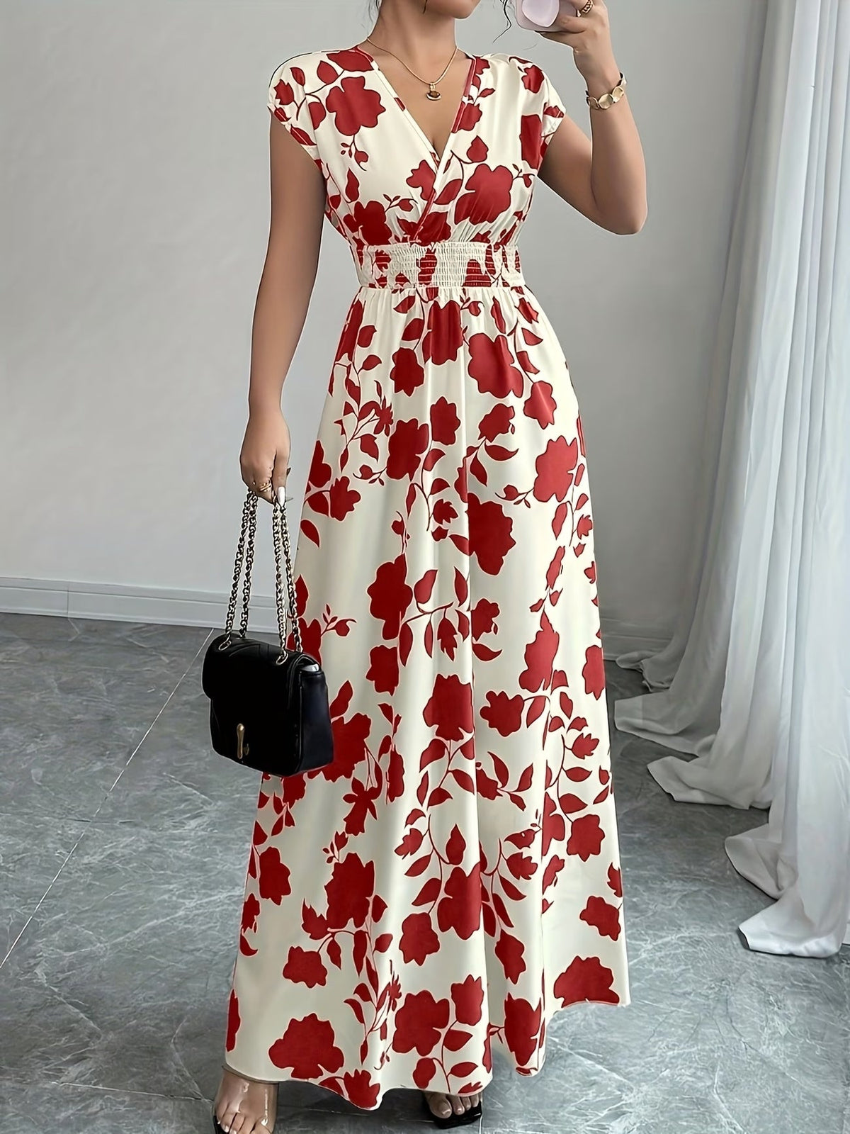 Elegant Floral Maxi Dress – V-Neck A-Line Flowing Dress with Cinched Waist for Women