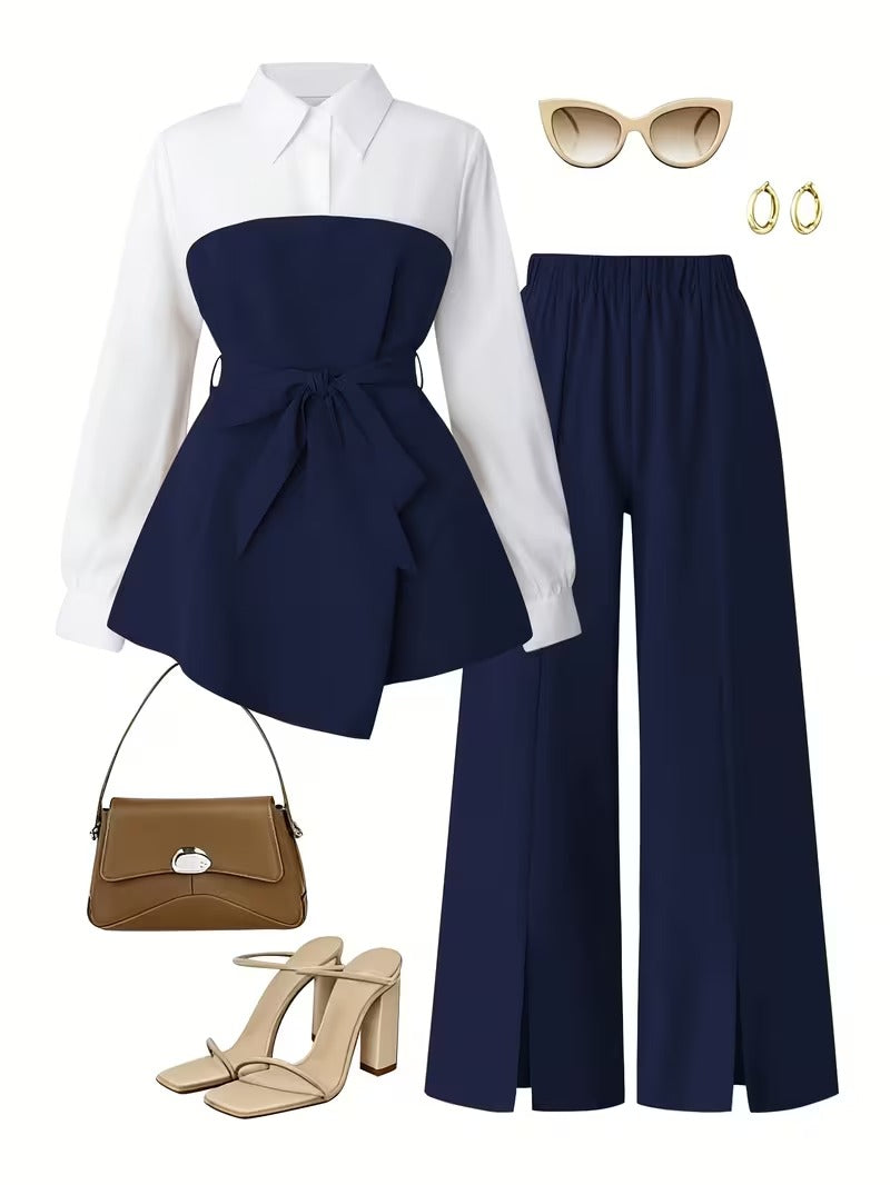 Women's Plus Size Bow Tie Waist Co-Ord Set with Wide-Leg Pants