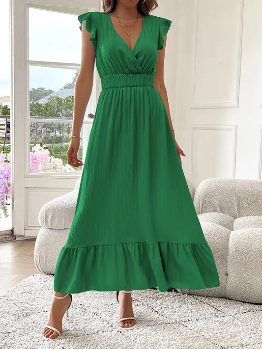 Elegant Ruffle Sleeve Surplice Neck Dress – Space Lightweight & Flattering Summer Style