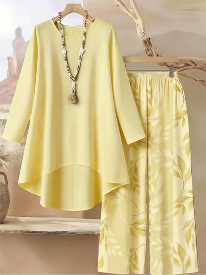 Elegant Leaf Print High-Low Co-Ord Set