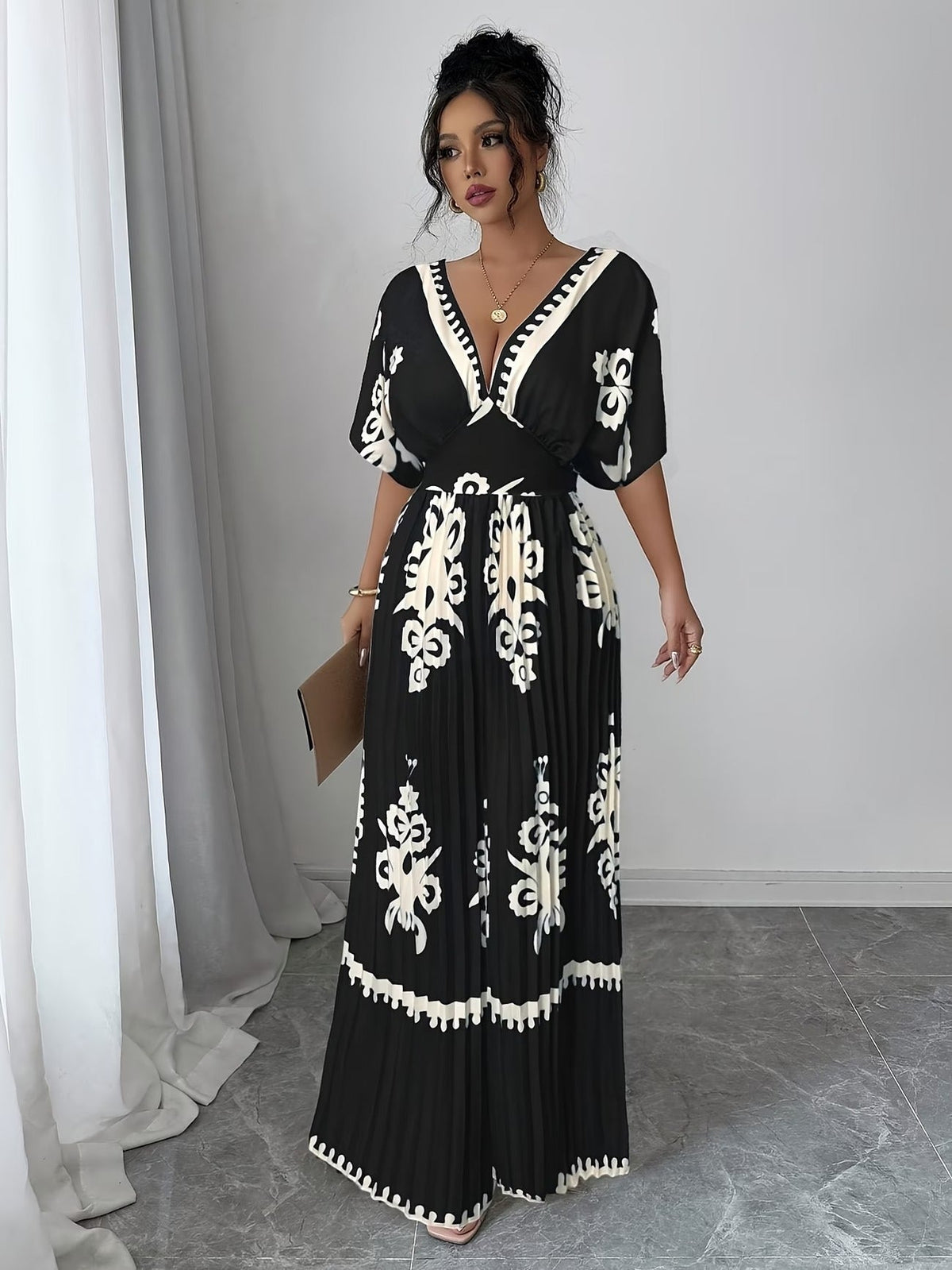 Chic Women’s V-Neck Jumpsuit with Waist-Cinching Fit – Elegant Wide-Leg Fashion Outfit