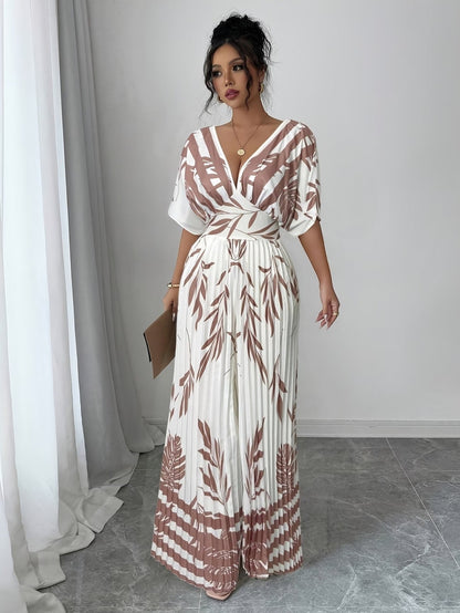 Chic Women’s V-Neck Jumpsuit with Waist-Cinching Fit – Elegant Wide-Leg Fashion Outfit