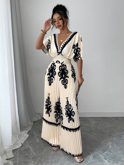 Chic Women’s V-Neck Jumpsuit with Waist-Cinching Fit – Elegant Wide-Leg Fashion Outfit
