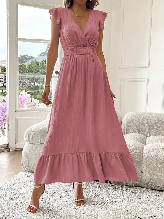 Elegant Ruffle Sleeve Surplice Neck Dress – Space Lightweight & Flattering Summer Style