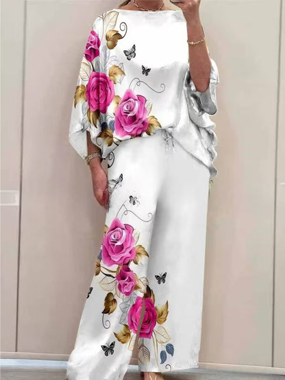 Women’s Plus-Size Casual 2-Piece Set – Off-Shoulder Batwing Top & Printed Pants