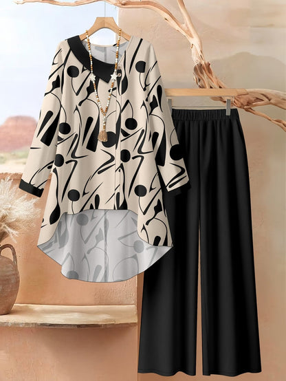 Autumn And Winter Women'S Vacation Printed Elegant Casual Loose Long-Sleeve Top And Pants Two-Piece Set for Fall