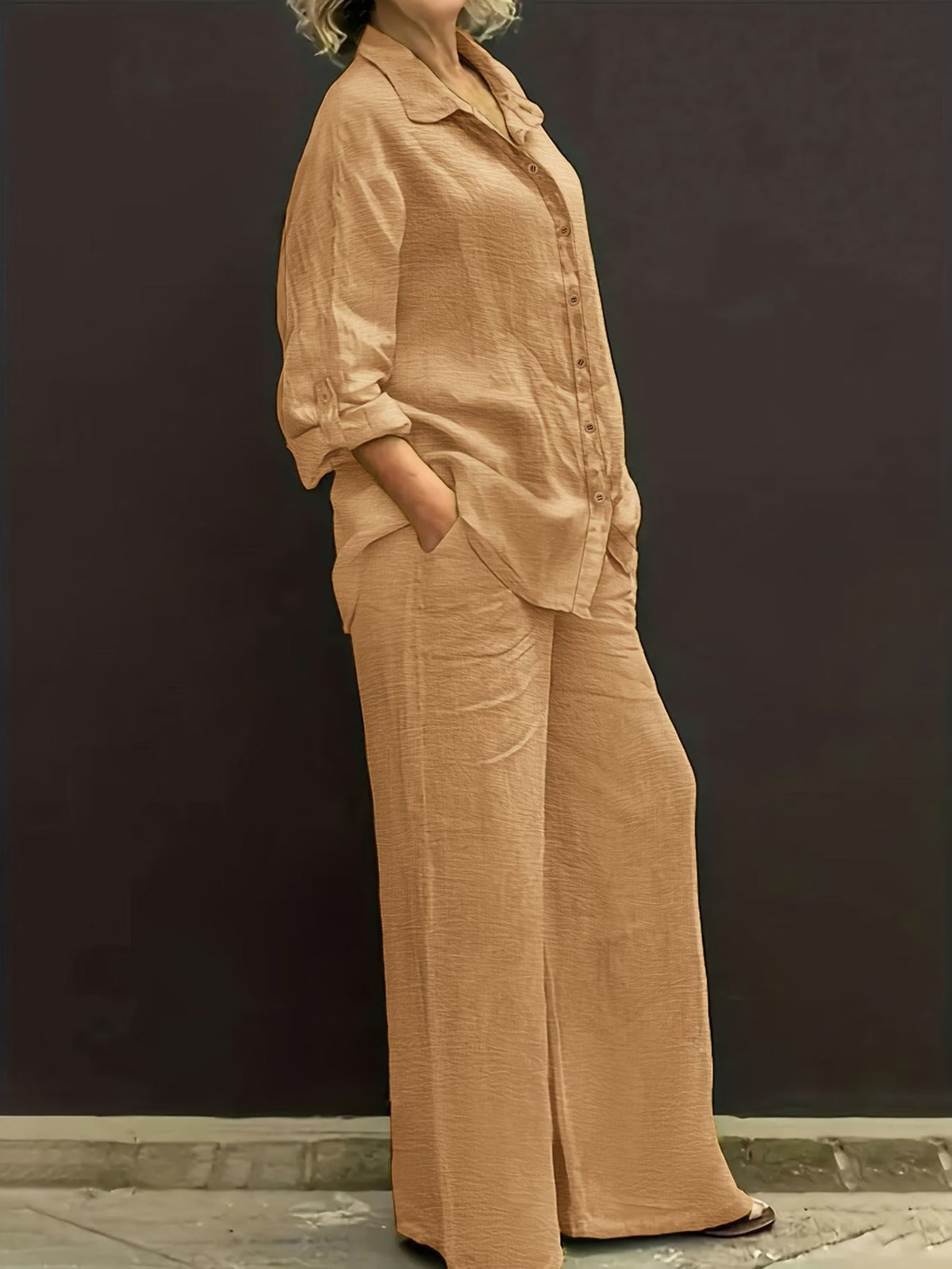 Plus Size Women’s Autumn & Winter Casual Co-Ord Set – Lapel Button Shirt with Comfortable Wide-Leg Pants