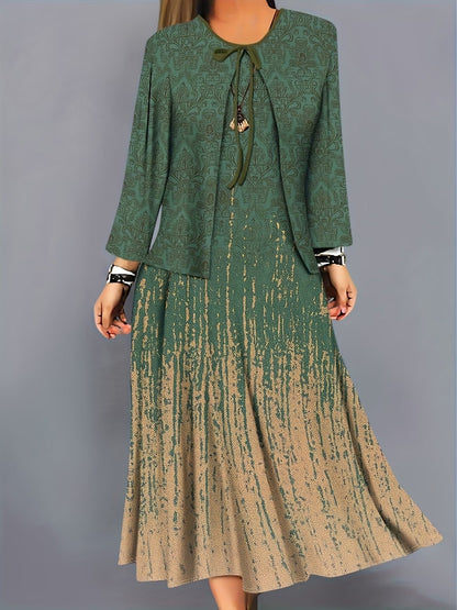 Elegant Layered Two-Piece Midi Dress Set with Tie-Front Cardigan – Flowy Printed Everyday & Occasion Wear