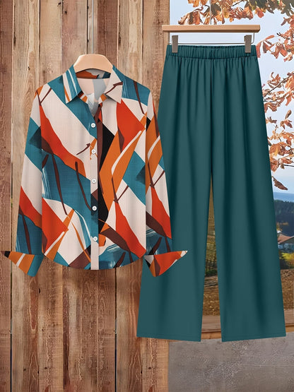 Women’s Floral Long-Sleeve Shirt with Printed Pants – Stylish Two-Piece Everyday Outfit (With Tie & Button Details)