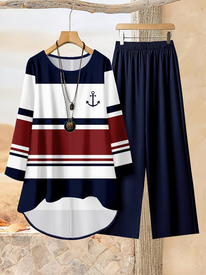Loose Fit Irregular Print High-Low Hem Top with Solid Pants – Women’s Casual Two-Piece Outfit