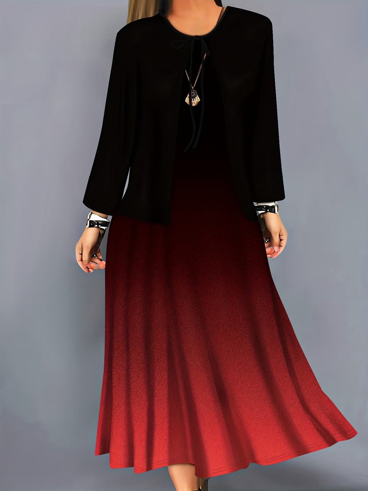Elegant Layered Two-Piece Midi Dress Set with Tie-Front Cardigan – Flowy Printed Everyday & Occasion Wear