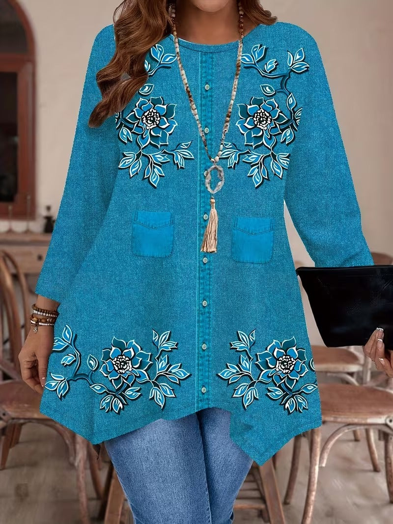 Women’s Plus Size Printed Long Sleeve Top & Stretchy Pants Set – Imitation Denim Look
