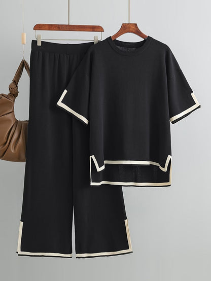 Elegant Contrast Two-Piece Set – Split Design Top & High-Waist Wide-Leg Pants for Women