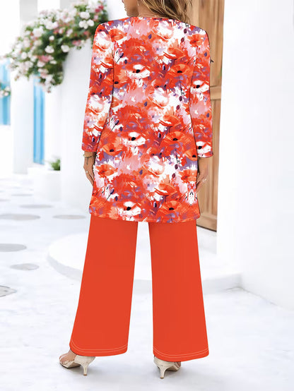 Women’s Long-Sleeve Floral Suit – Light Red Flowers on Gray, Casual & Vacation Wear