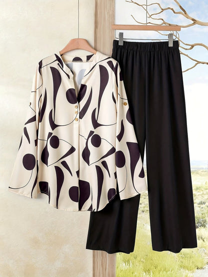 Women’s Floral Long-Sleeve Shirt with Printed Pants – Stylish Two-Piece Everyday Outfit (With Tie & Button Details)