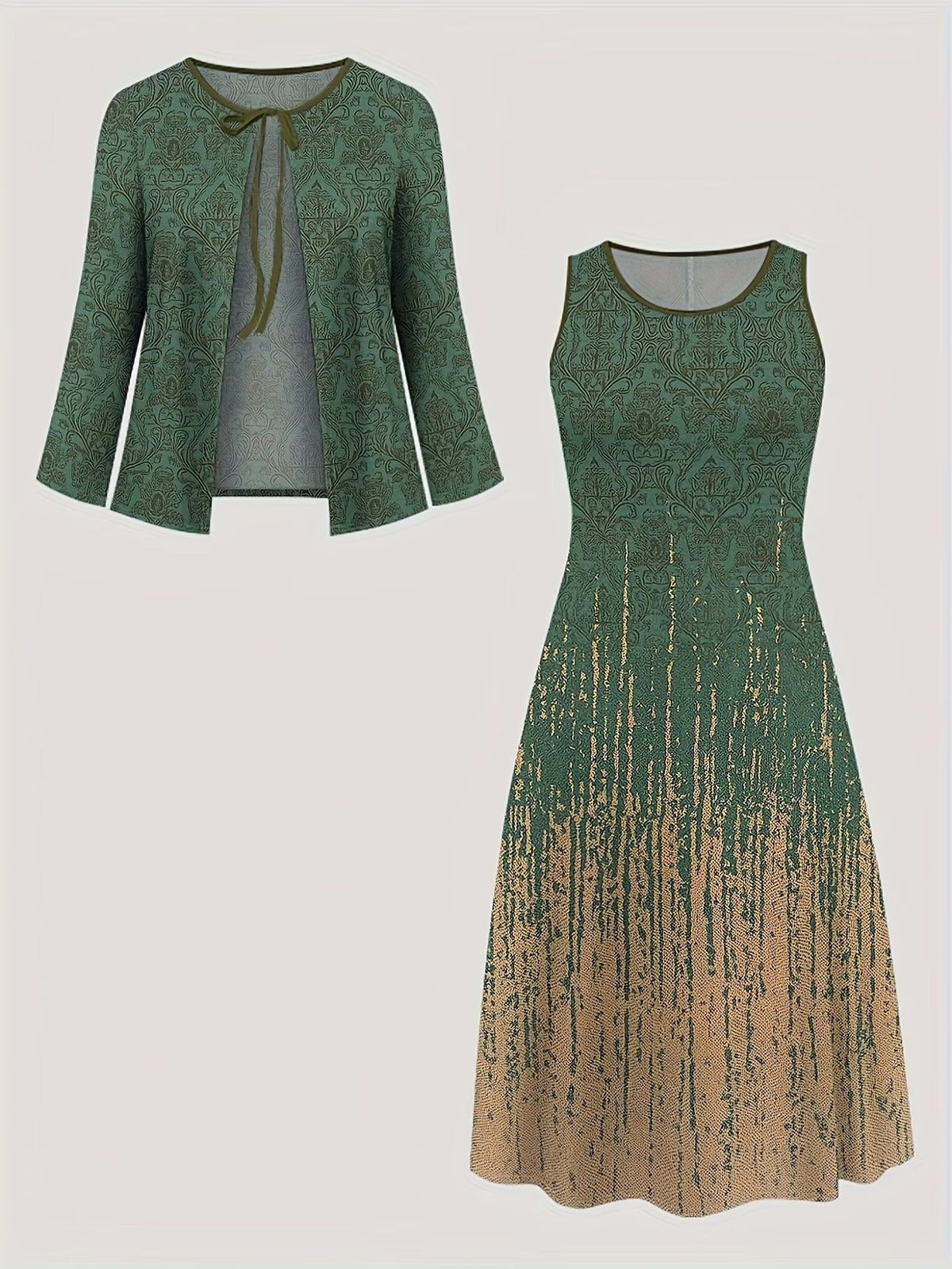 Elegant Layered Two-Piece Midi Dress Set with Tie-Front Cardigan – Flowy Printed Everyday & Occasion Wear